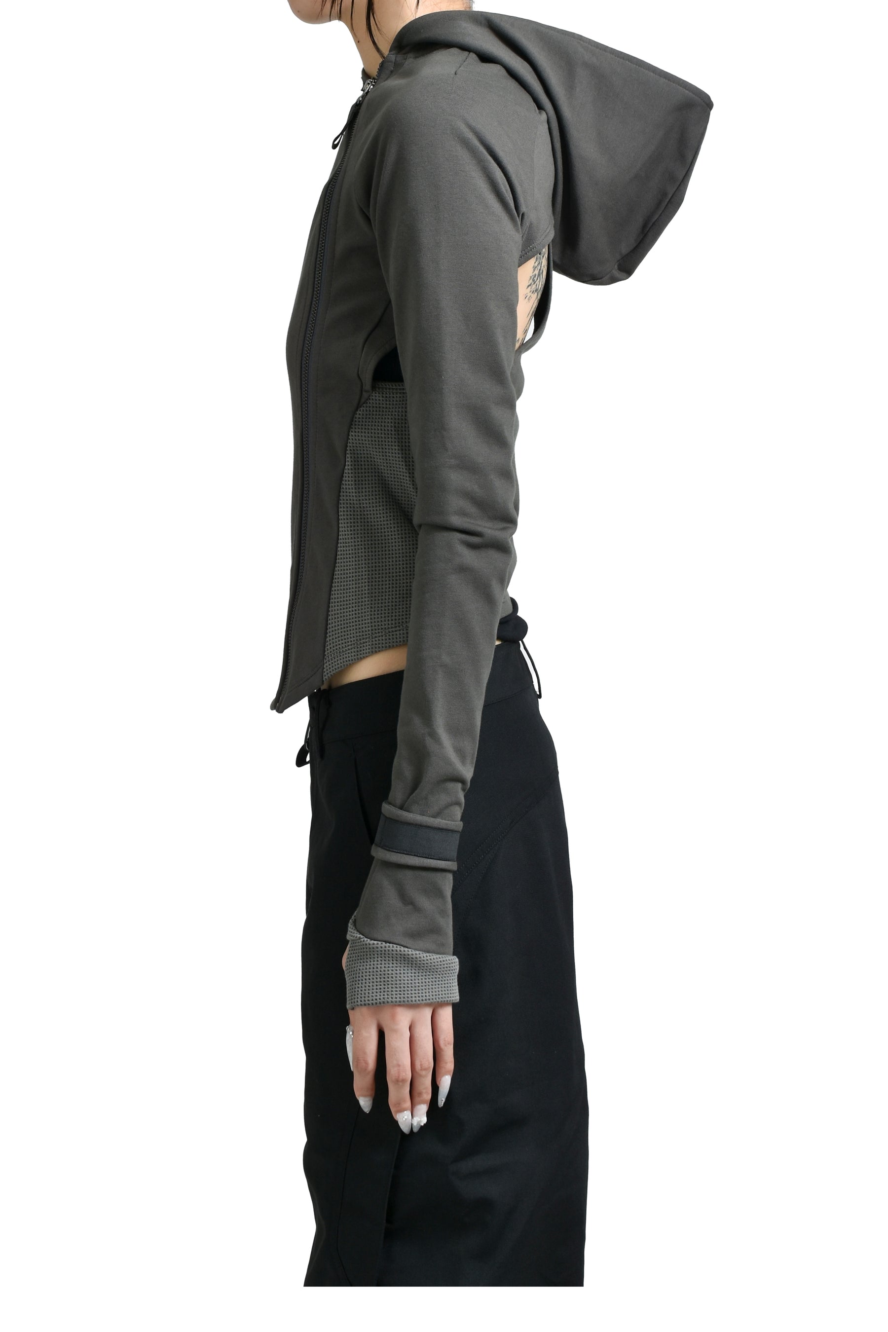 HOODED ASYMMETRIC ZIP TOP / DARK GRY