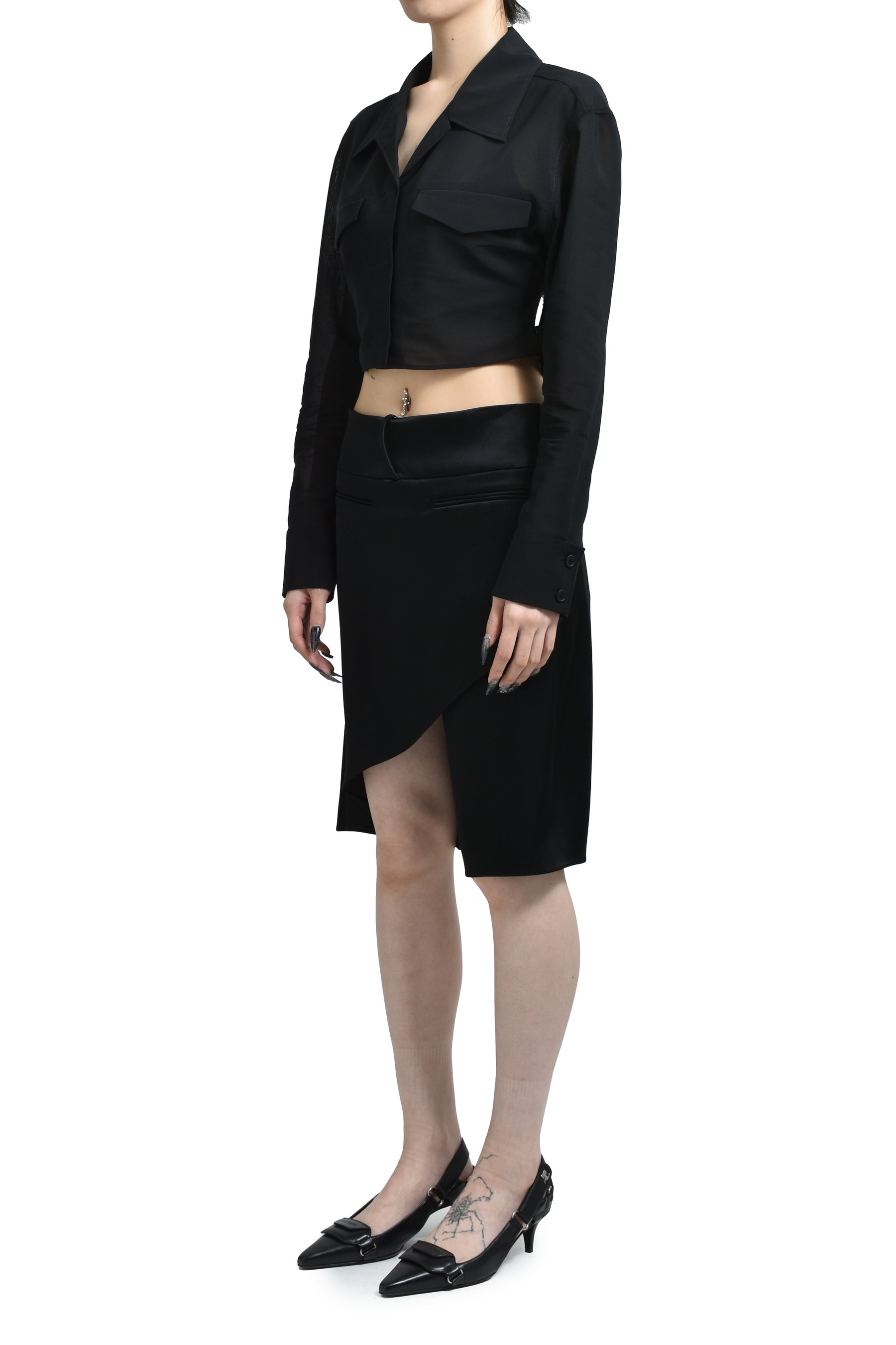 2-POCKET COTTON CROP SHIRT / BLK 