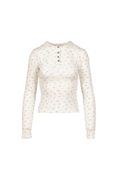 WHITE FLORAL PRINT LACE-TRIM BRALETTE DETAIL LONG SLEEVE HENLEY SHIRT / FLORAL