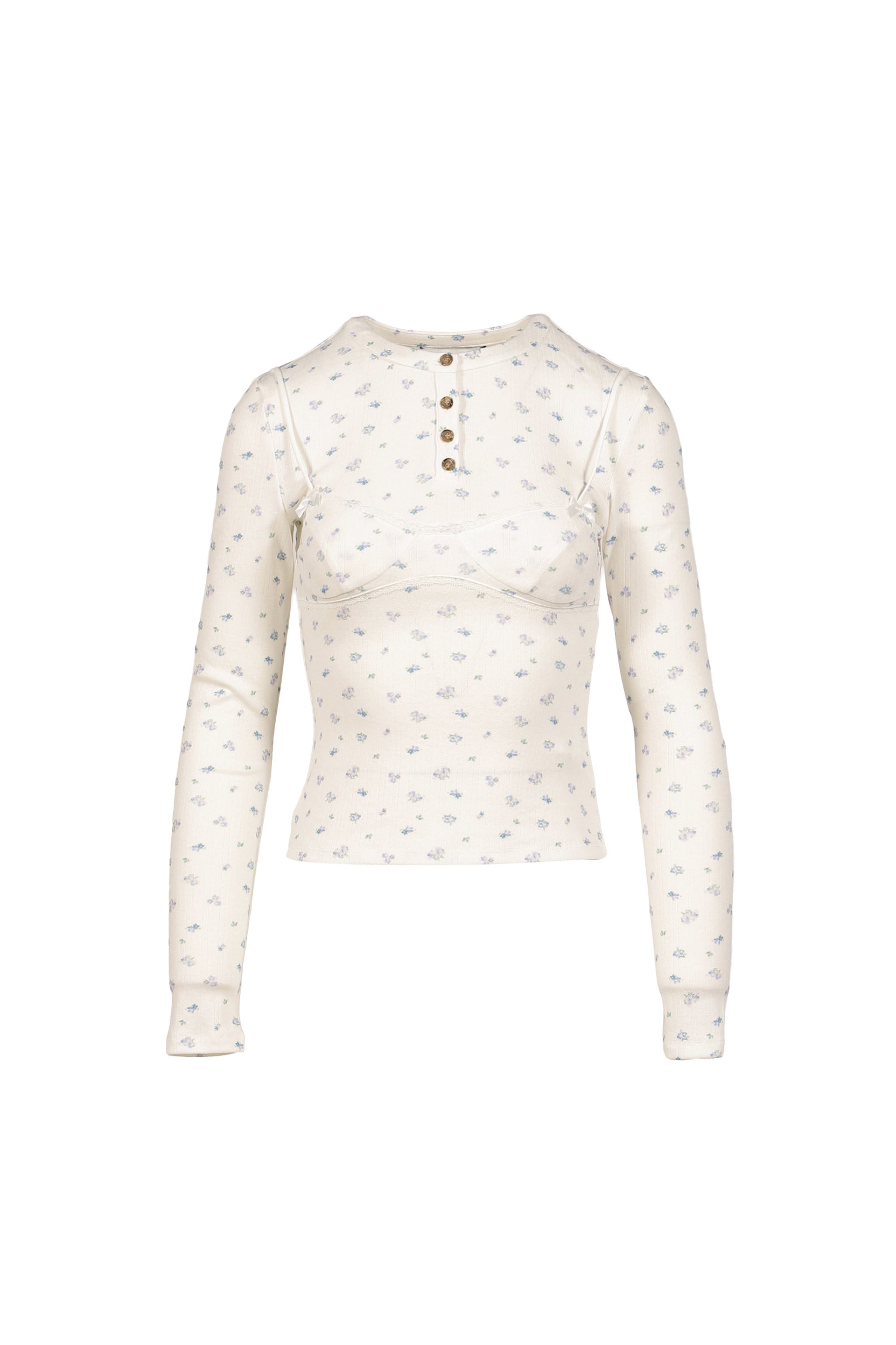 WHITE FLORAL PRINT LACE-TRIM BRALETTE DETAIL LONG SLEEVE HENLEY SHIRT / FLORAL