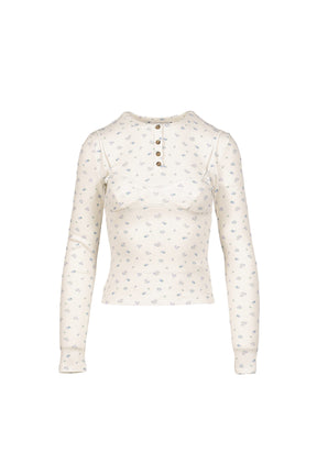 WHITE FLORAL PRINT LACE-TRIM BRALETTE DETAIL LONG SLEEVE HENLEY SHIRT / FLORAL