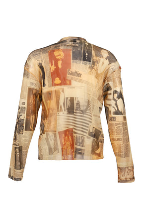 Jean Paul Gaultier MESH OVERSIZED CREW NECK TOP PRINTED "JOURNAL" / ECR/LT.GRY/RED