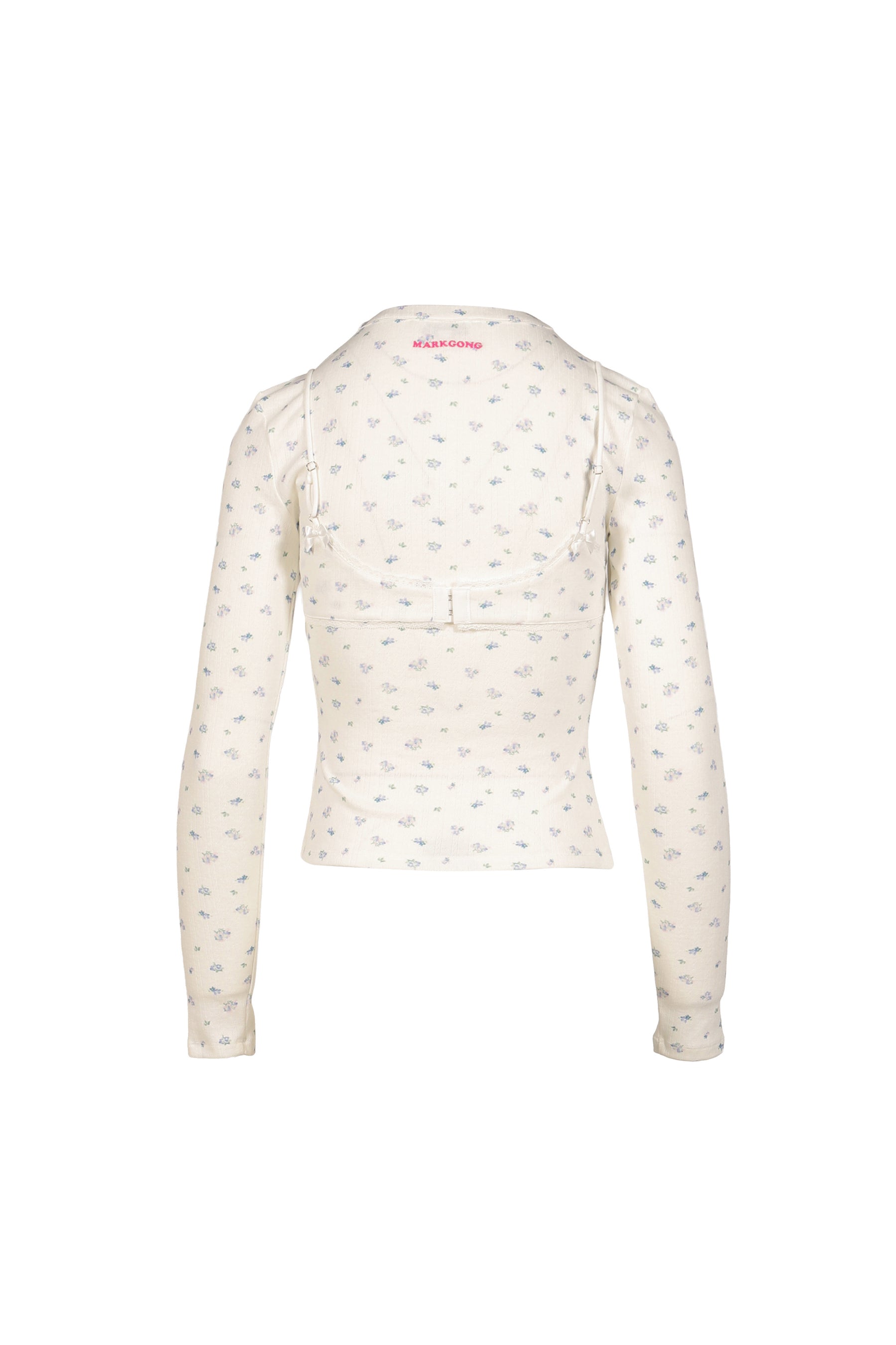 WHITE FLORAL PRINT LACE-TRIM BRALETTE DETAIL LONG SLEEVE HENLEY SHIRT / FLORAL