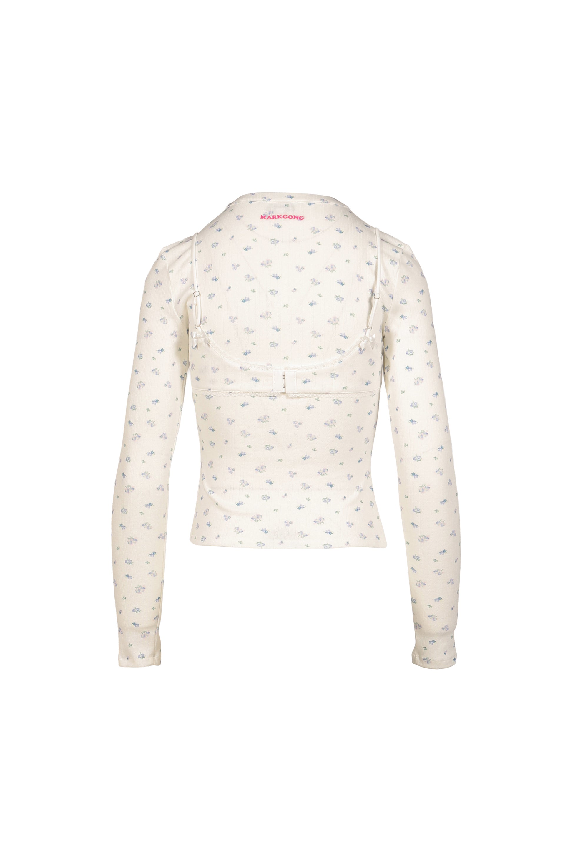 WHITE FLORAL PRINT LACE-TRIM BRALETTE DETAIL LONG SLEEVE HENLEY SHIRT / FLORAL