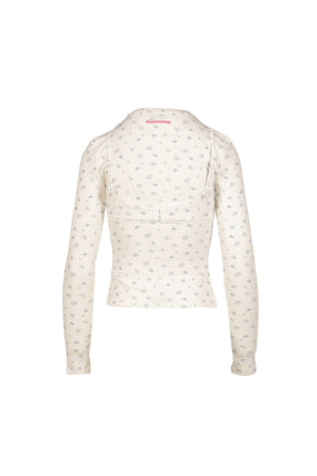WHITE FLORAL PRINT LACE-TRIM BRALETTE DETAIL LONG SLEEVE HENLEY SHIRT / FLORAL
