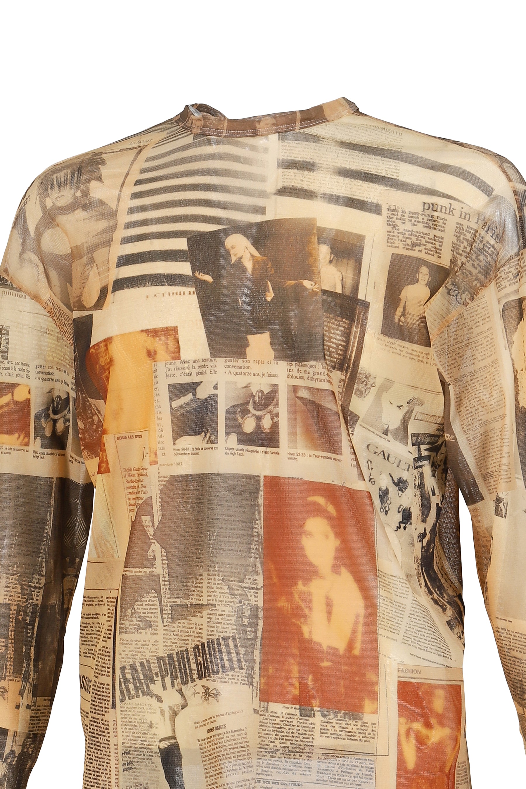 Jean Paul Gaultier MESH OVERSIZED CREW NECK TOP PRINTED "JOURNAL" / ECR/LT.GRY/RED