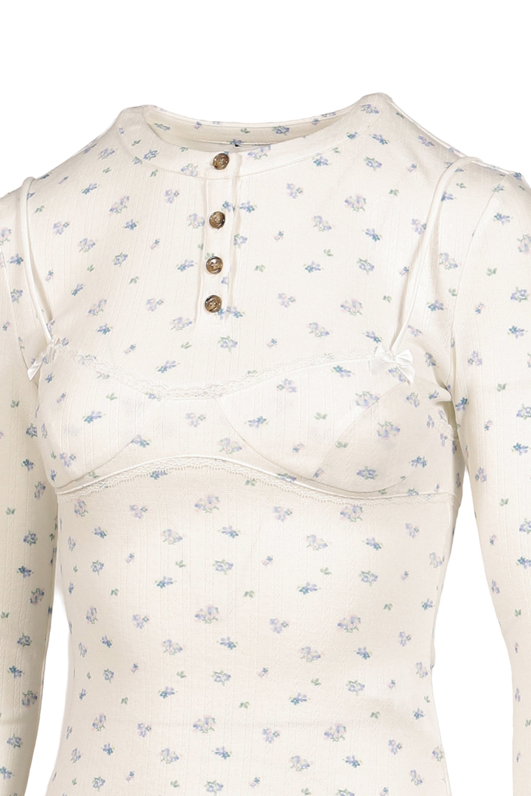 WHITE FLORAL PRINT LACE-TRIM BRALETTE DETAIL LONG SLEEVE HENLEY SHIRT / FLORAL