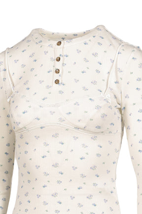 WHITE FLORAL PRINT LACE-TRIM BRALETTE DETAIL LONG SLEEVE HENLEY SHIRT / FLORAL