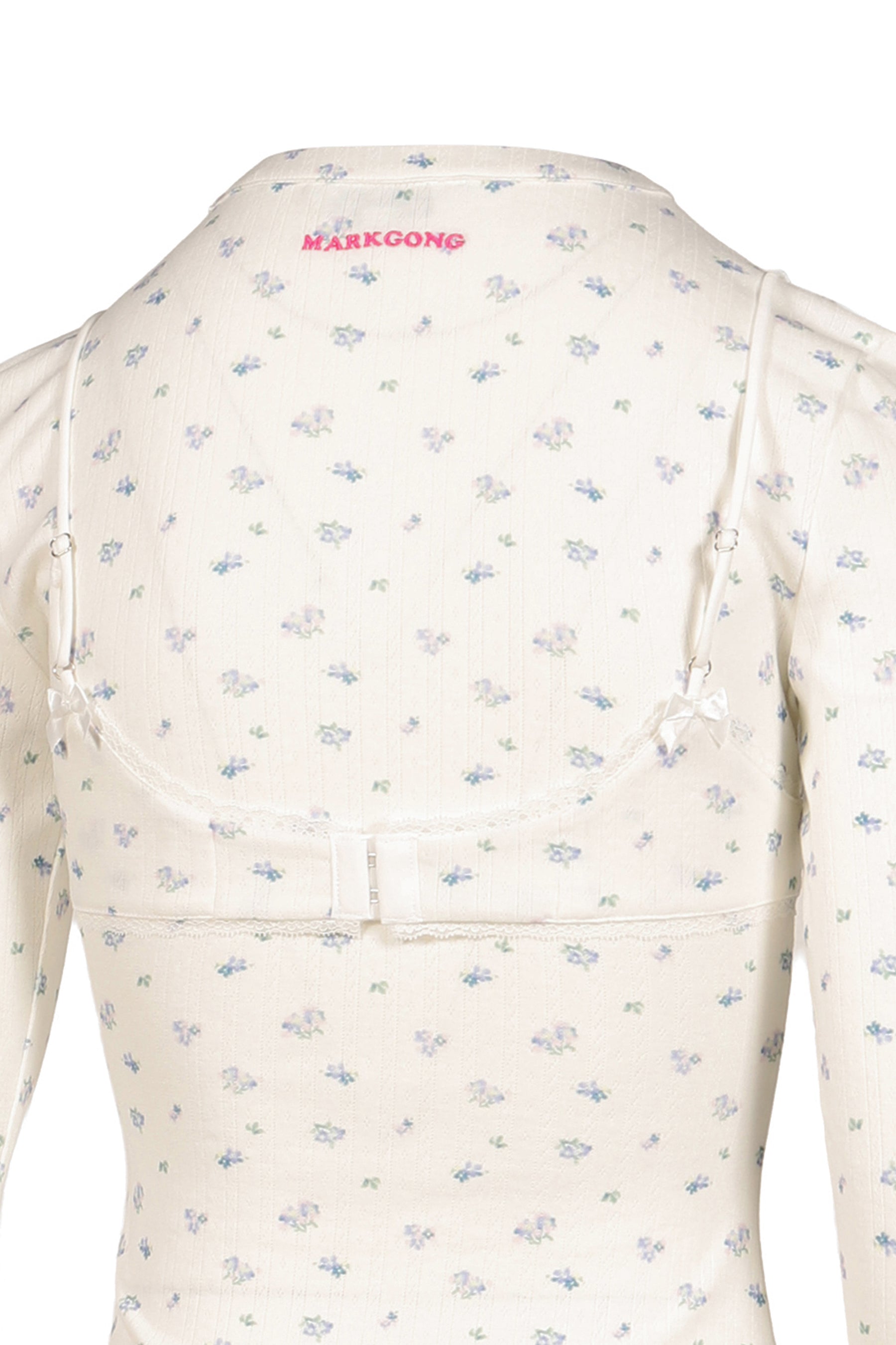 WHITE FLORAL PRINT LACE-TRIM BRALETTE DETAIL LONG SLEEVE HENLEY SHIRT / FLORAL