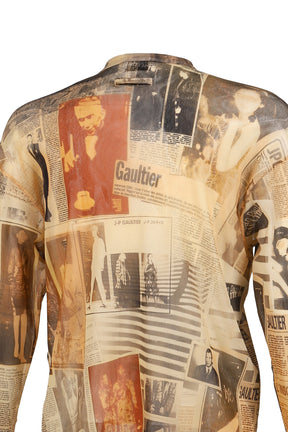 Jean Paul Gaultier MESH OVERSIZED CREW NECK TOP PRINTED "JOURNAL" / ECR/LT.GRY/RED