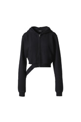 CHARCOAL WOMENS RAW HALF HOODIE ZIP-UP / BLK