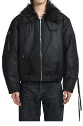 PRINTED FAUX FUR BOMBER JACKET / BLK 