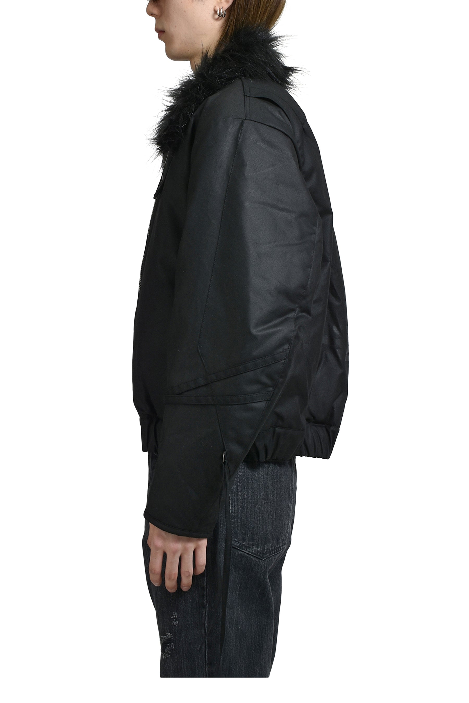 PRINTED FAUX FUR BOMBER JACKET / BLK 