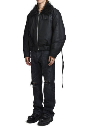 PRINTED FAUX FUR BOMBER JACKET / BLK 