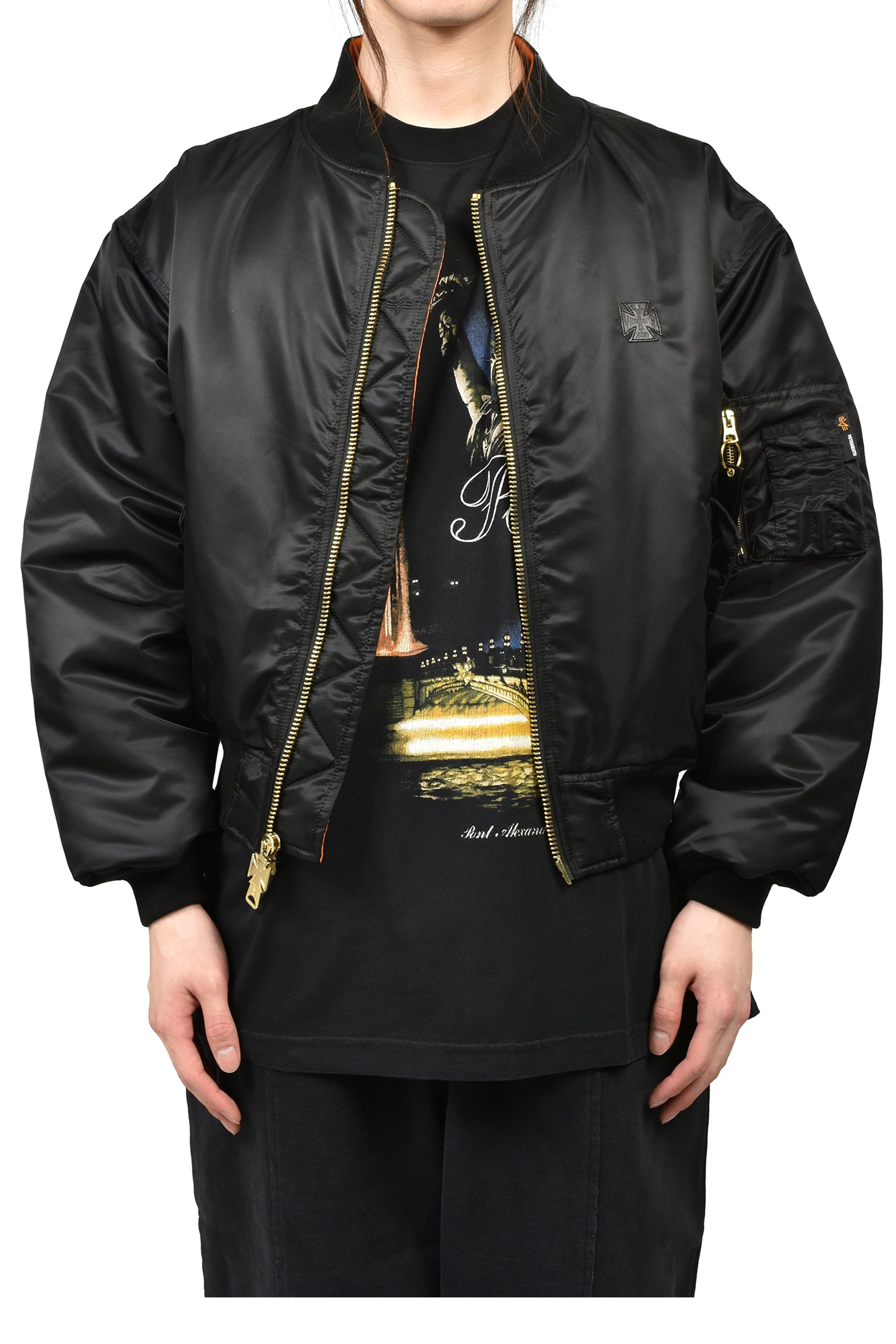 LEATHER CROSSES BOMBER JACKET / BLK