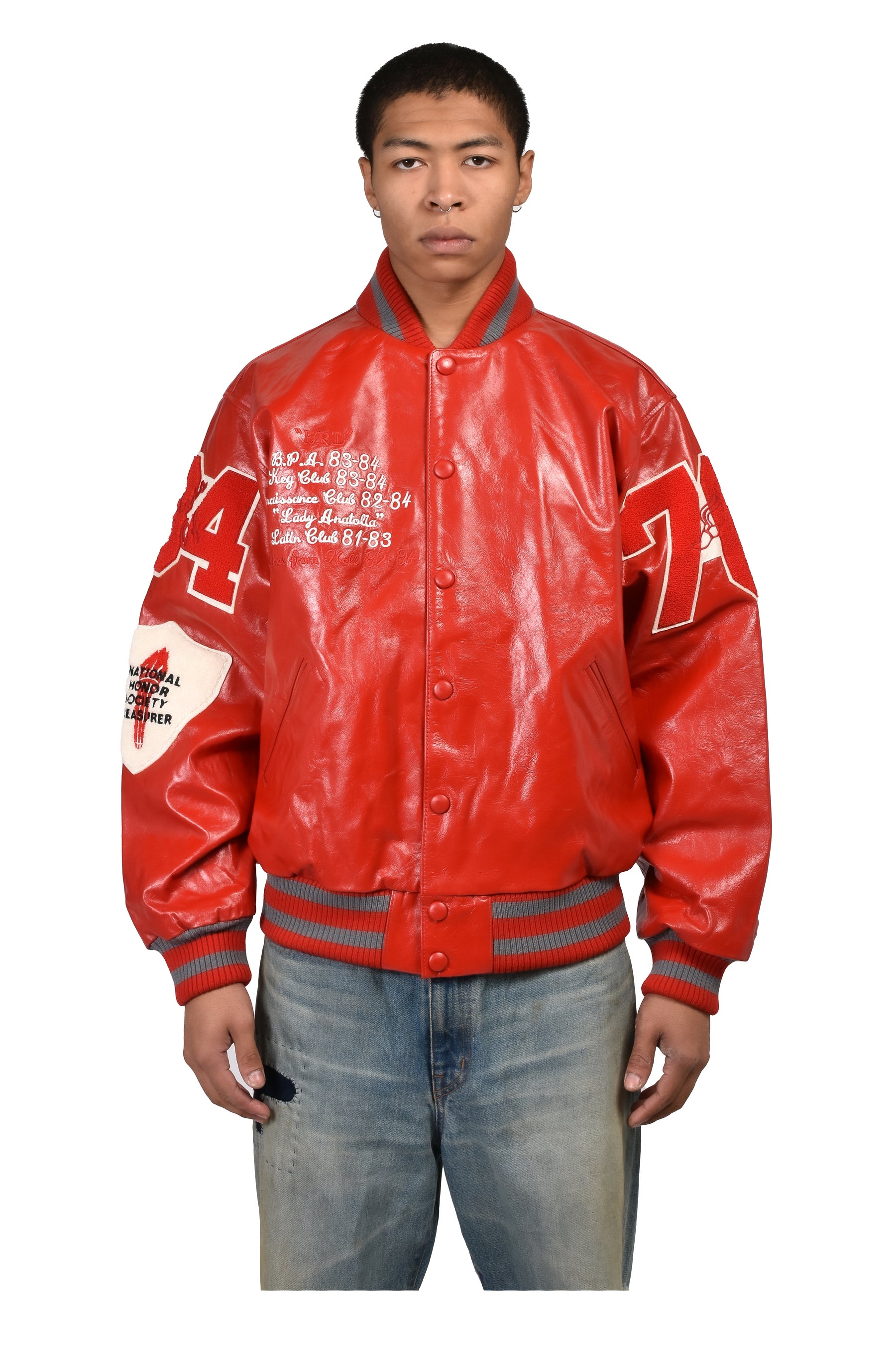 UNISEX LEATHER VARSITY JACKET LEATHER / RED