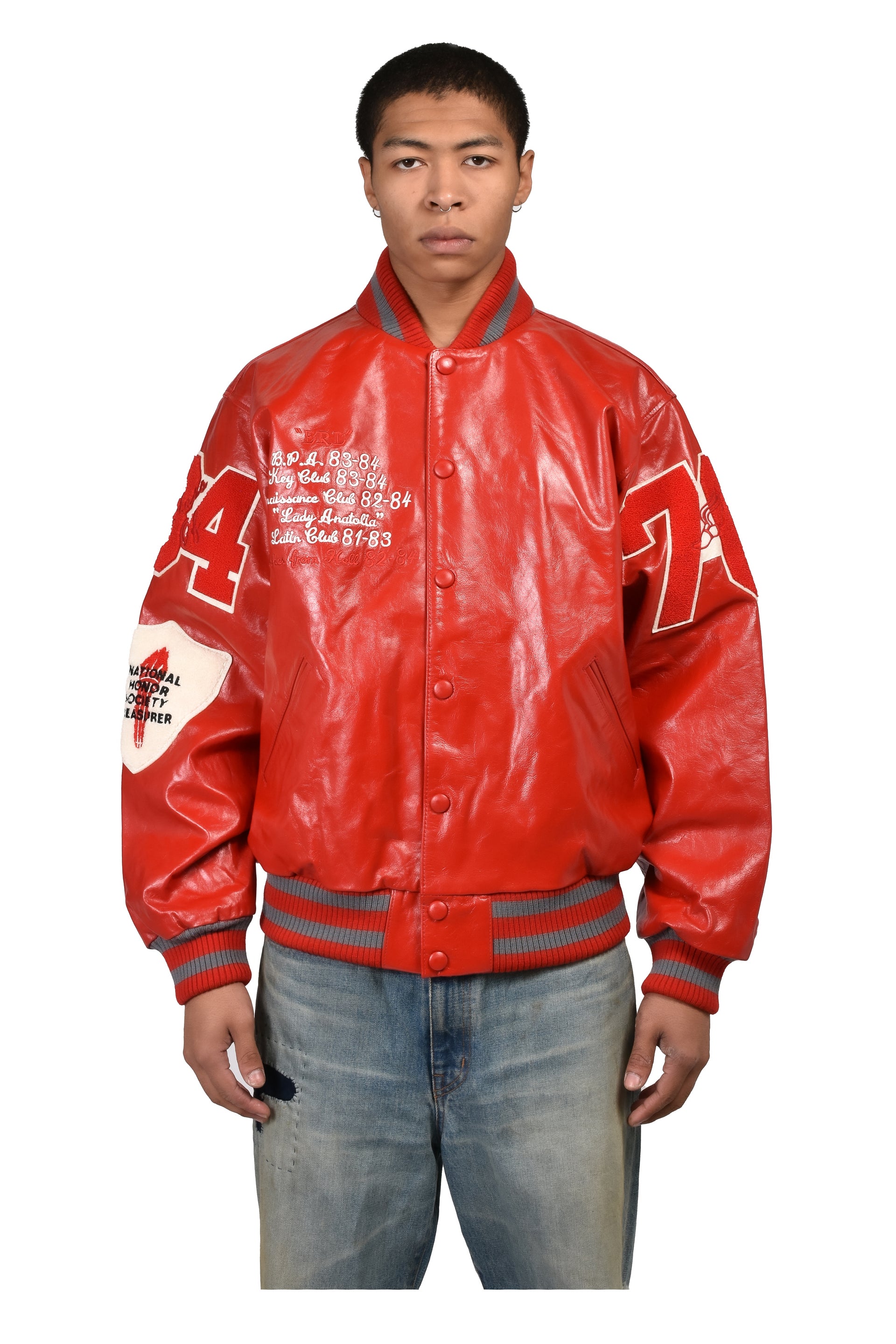 UNISEX LEATHER VARSITY JACKET LEATHER / RED