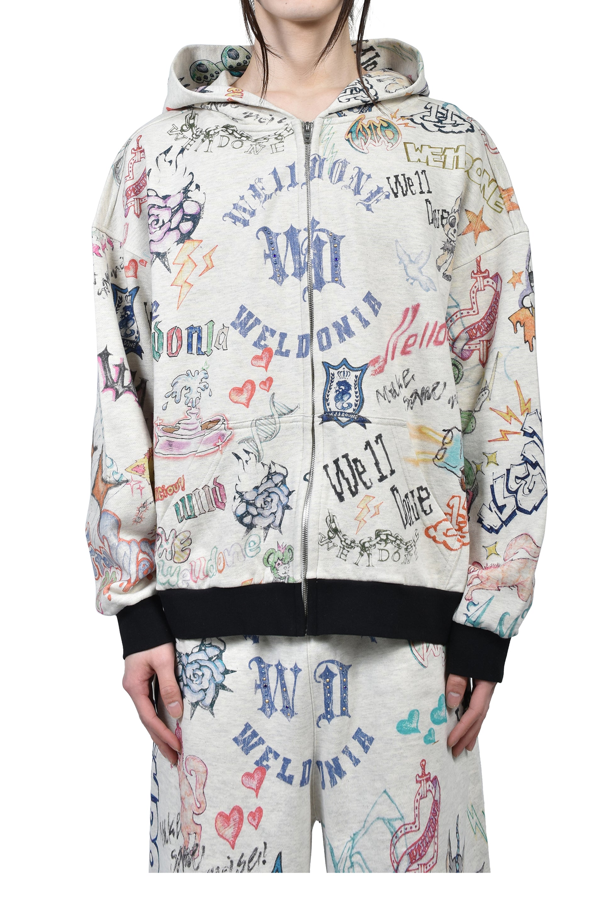DOODLE PRINTED ZIP-UP HOODIE / M/GREY
