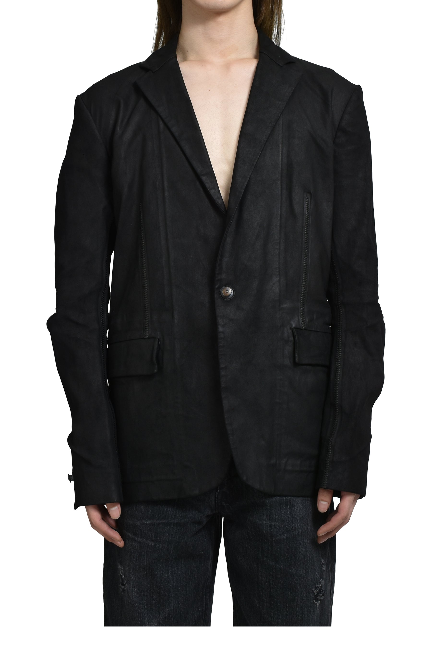 "PIONNIER"STRETCH LEATHER CLASSIC BLAZER / NOIR