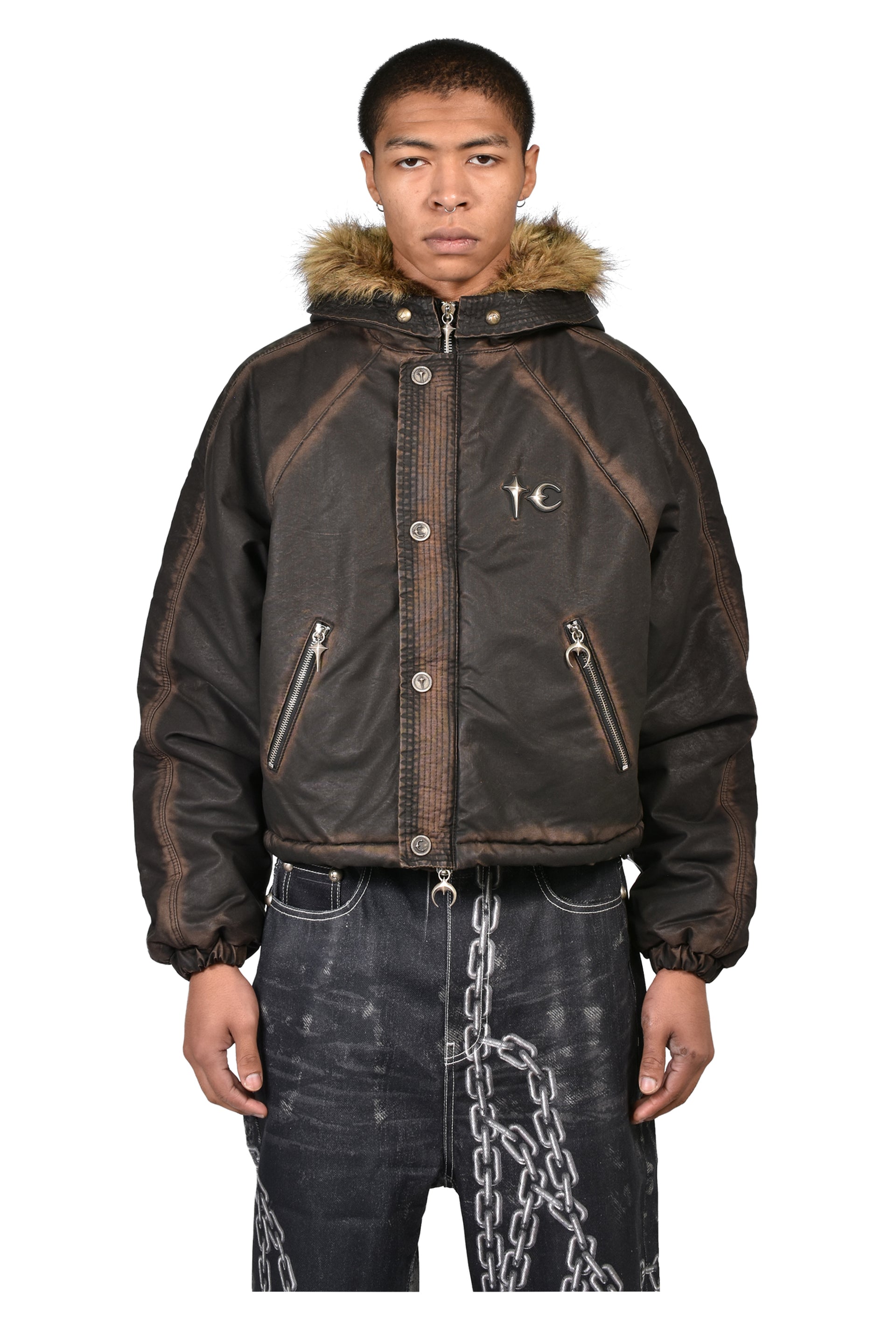 THREE RIDING SKULL FUR HOODED JACKET / BLK