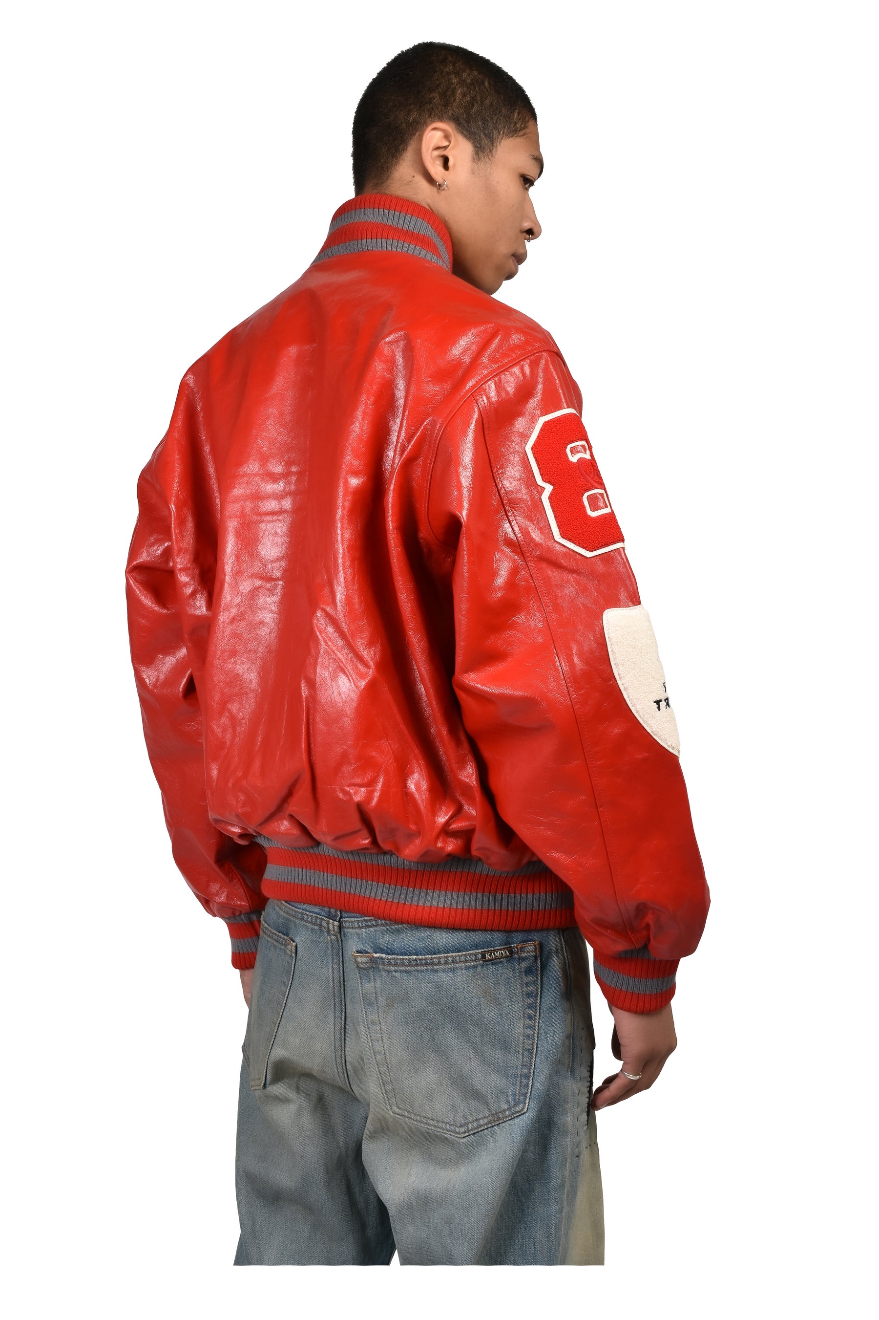 UNISEX LEATHER VARSITY JACKET LEATHER / RED