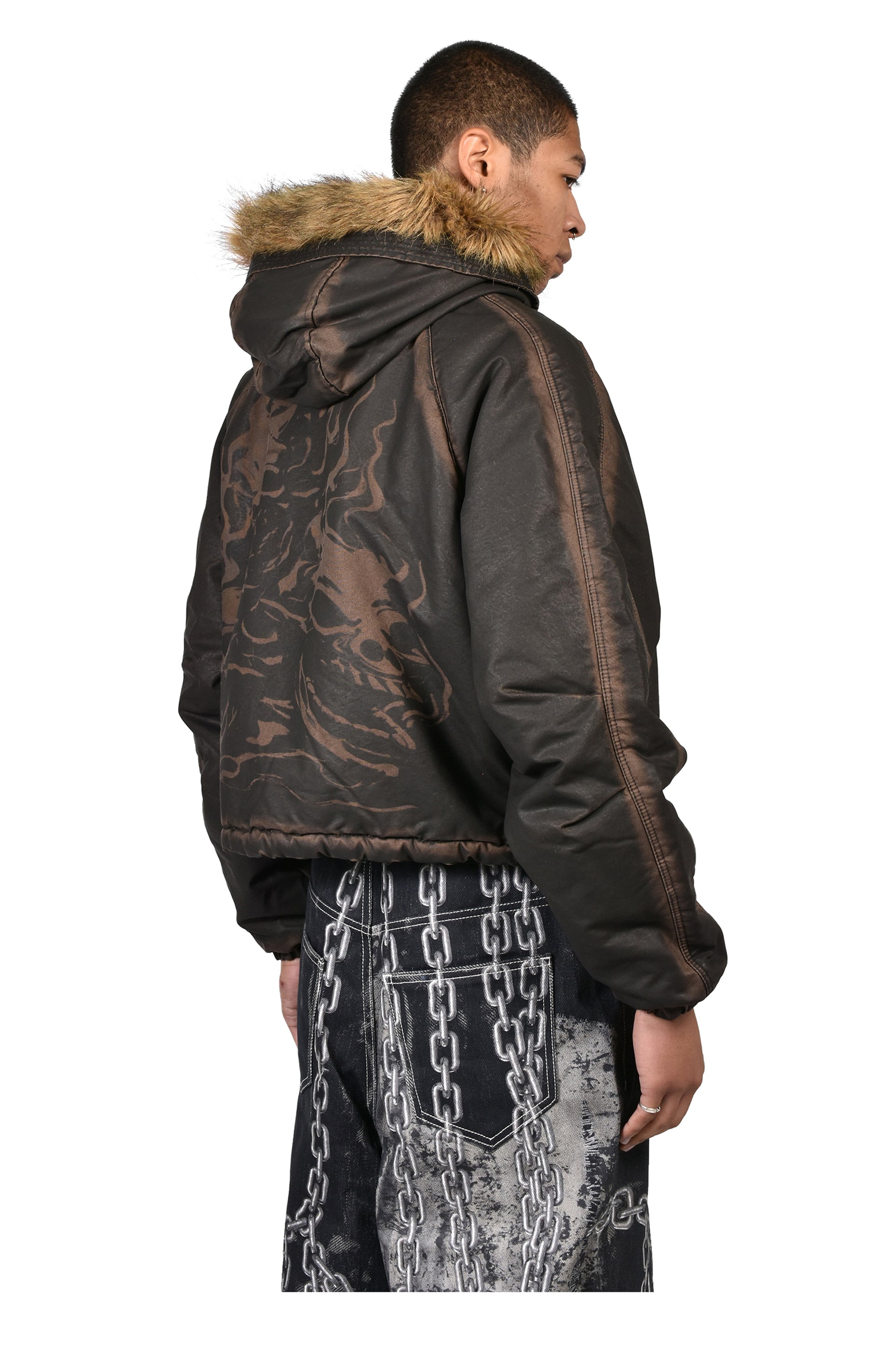 THREE RIDING SKULL FUR HOODED JACKET / BLK