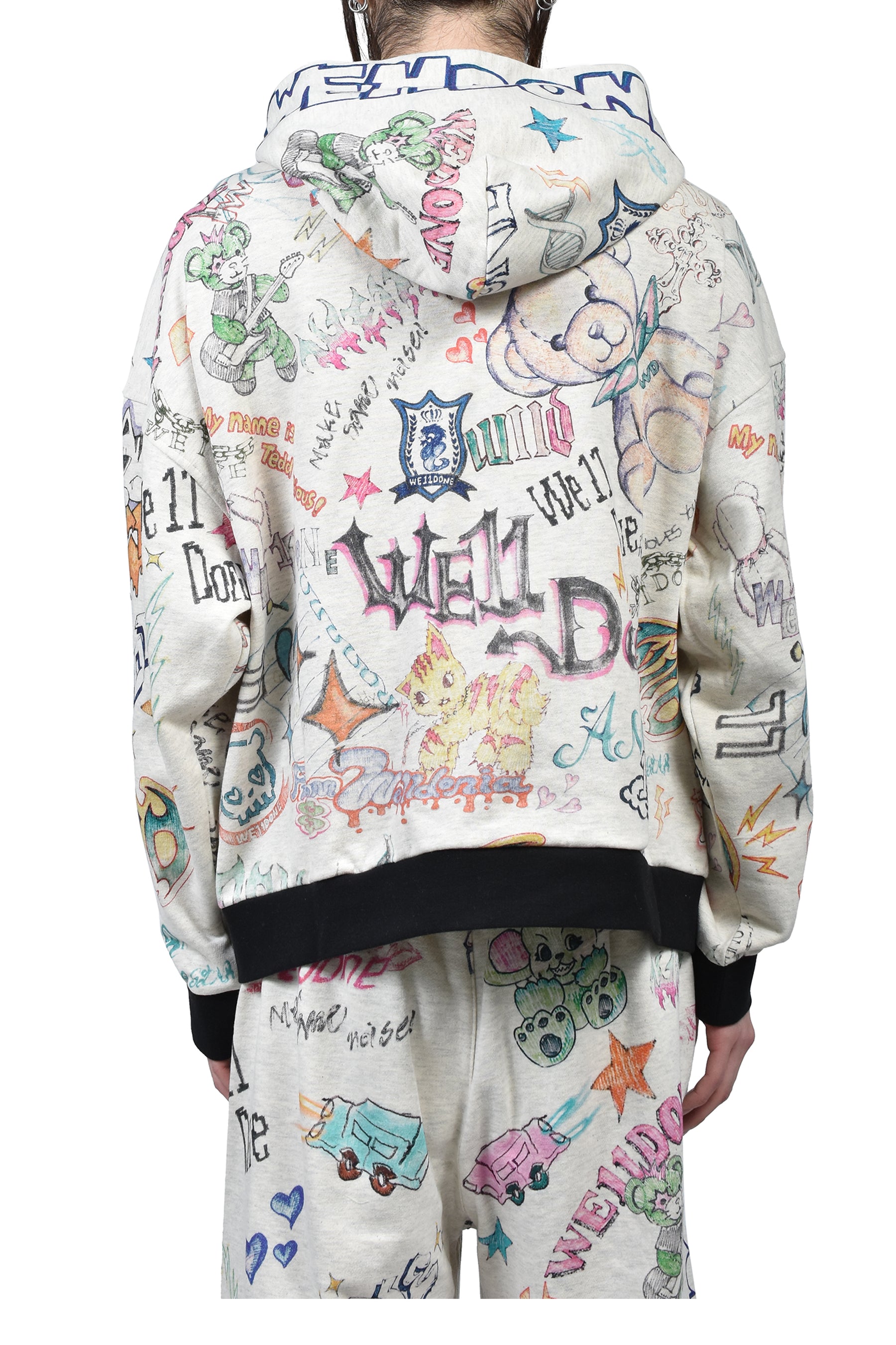 DOODLE PRINTED ZIP-UP HOODIE / M/GREY