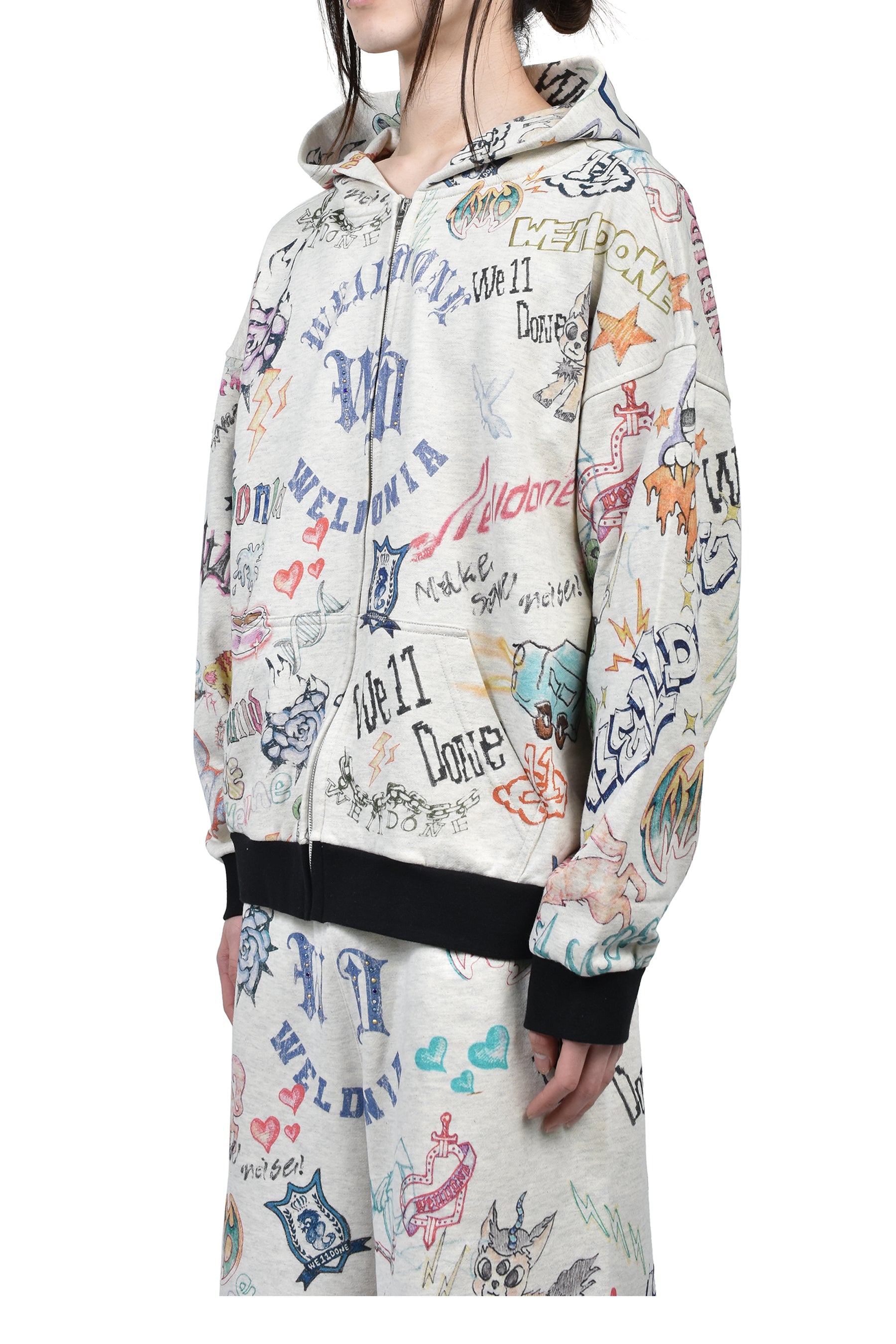DOODLE PRINTED ZIP-UP HOODIE / M/GREY