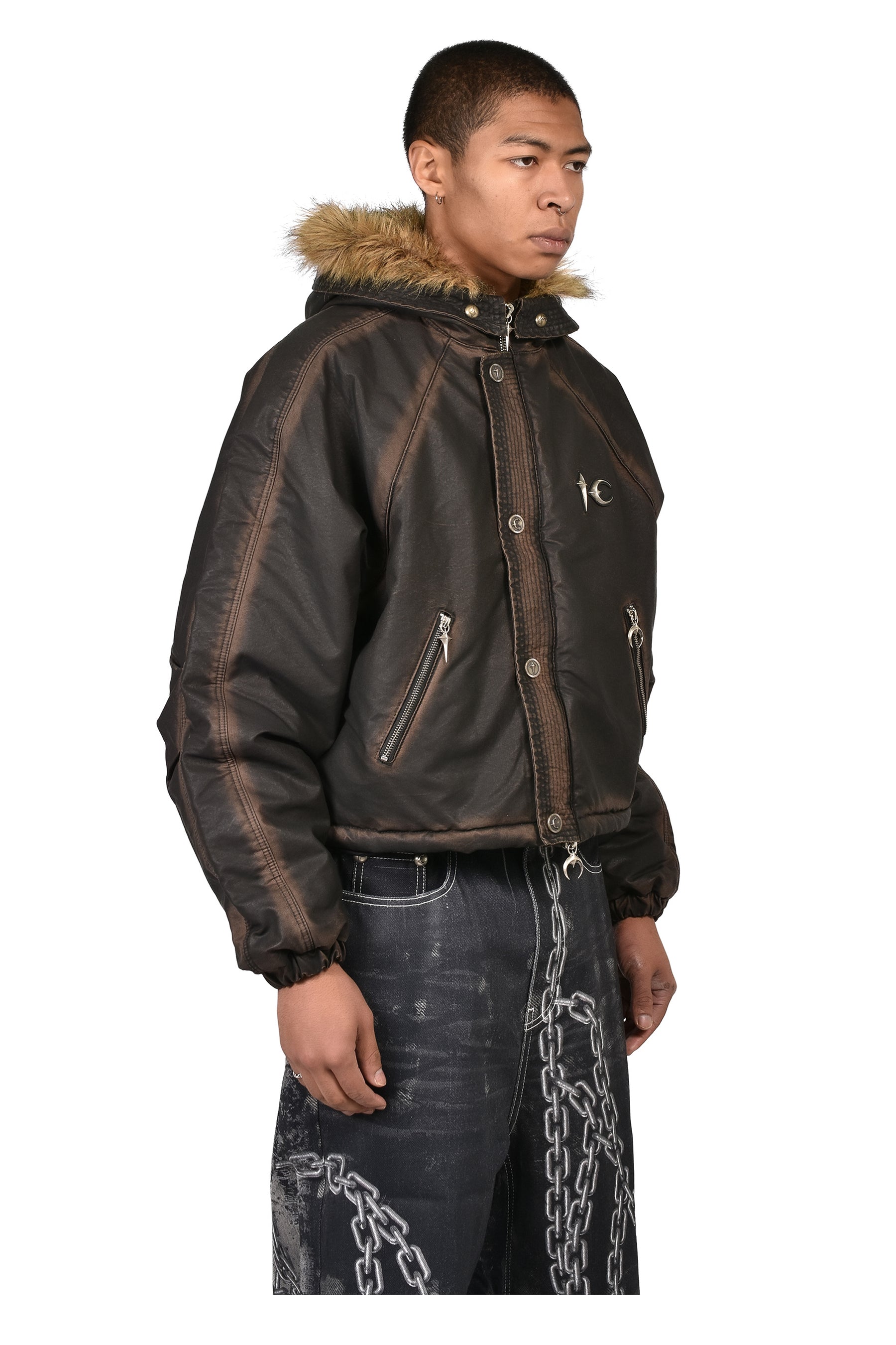 THREE RIDING SKULL FUR HOODED JACKET / BLK