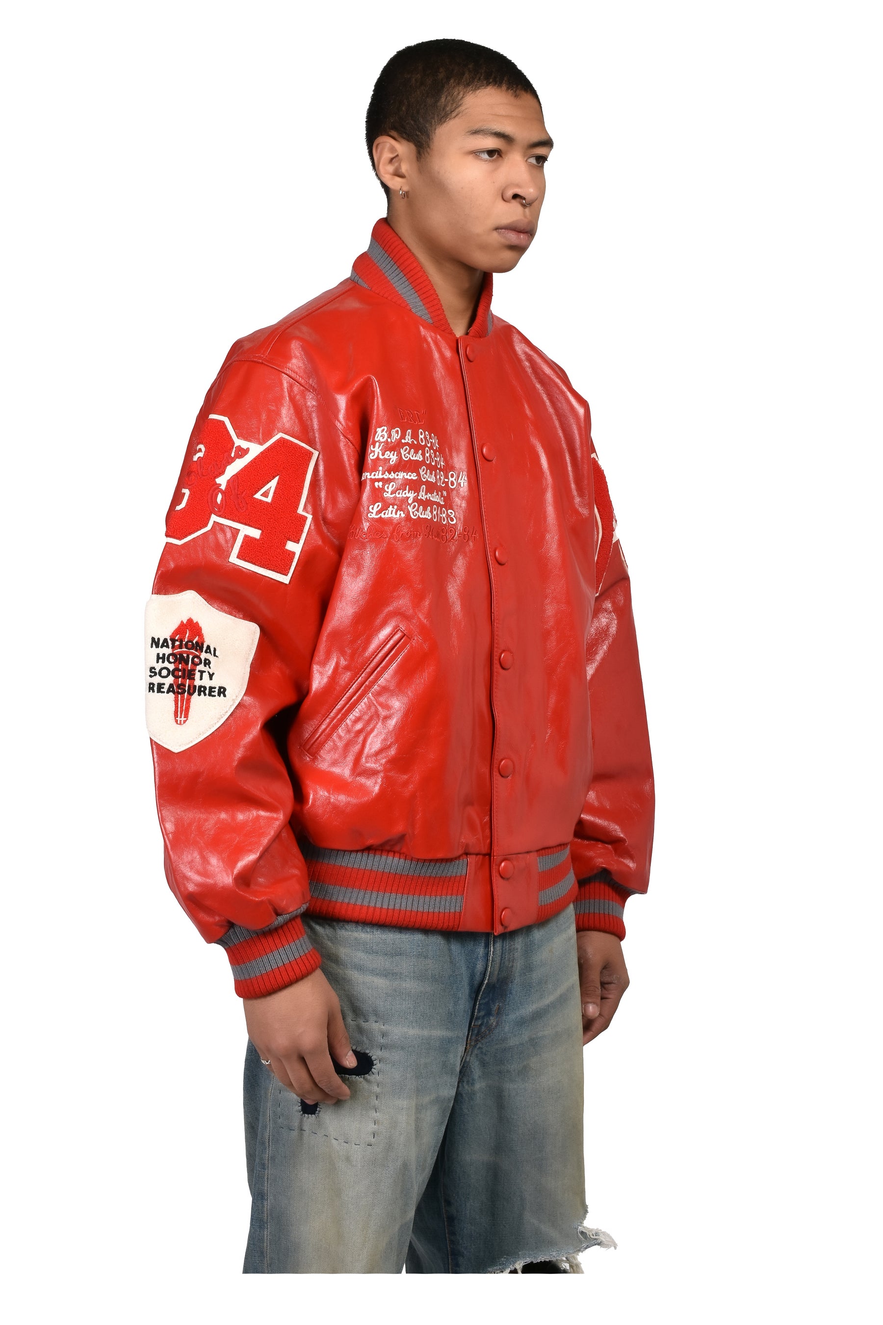 UNISEX LEATHER VARSITY JACKET LEATHER / RED