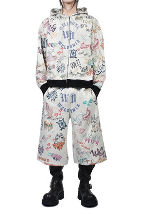 DOODLE PRINTED ZIP-UP HOODIE / M/GREY