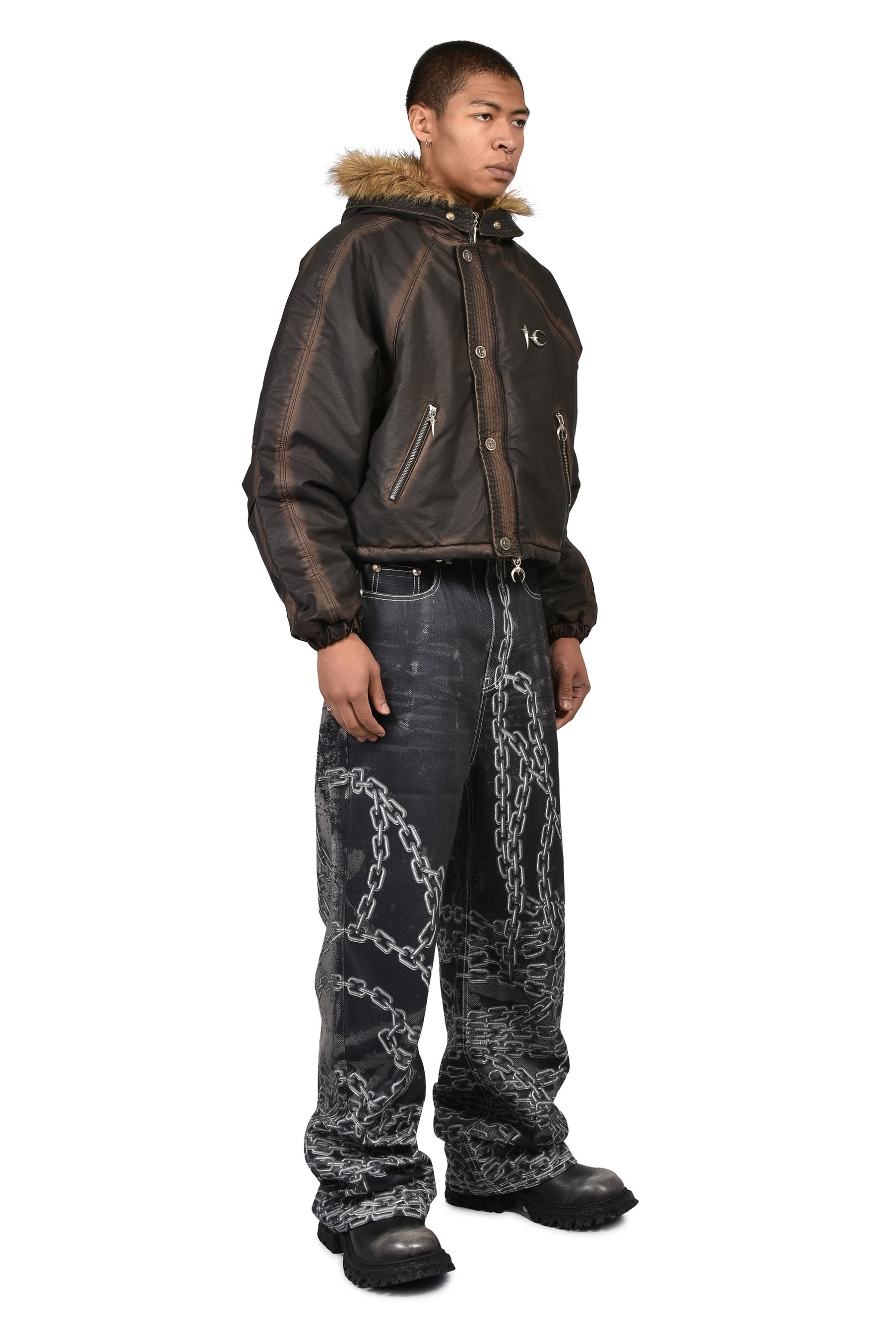 THREE RIDING SKULL FUR HOODED JACKET / BLK