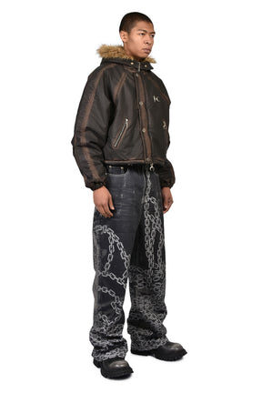 THREE RIDING SKULL FUR HOODED JACKET / BLK
