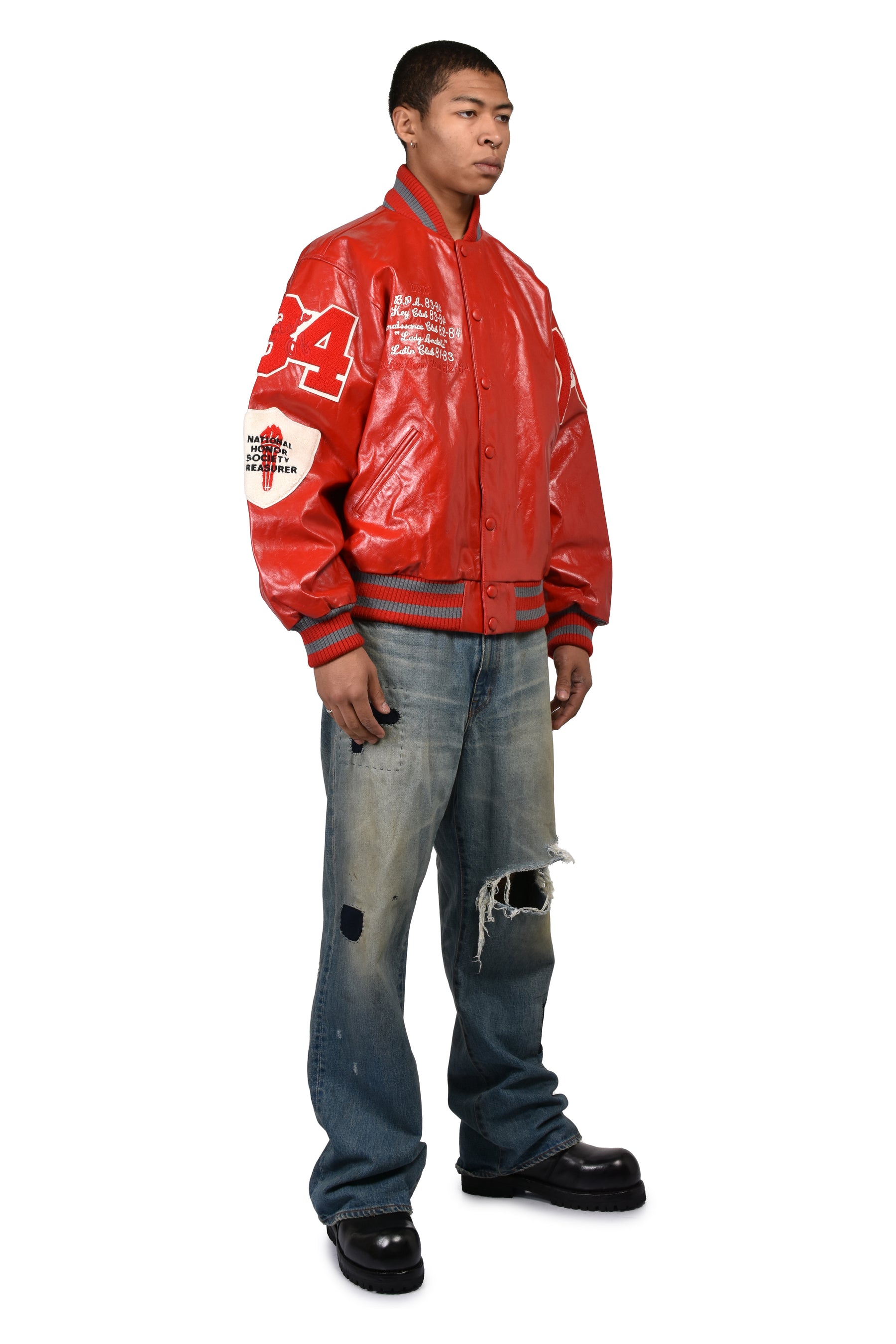 UNISEX LEATHER VARSITY JACKET LEATHER / RED