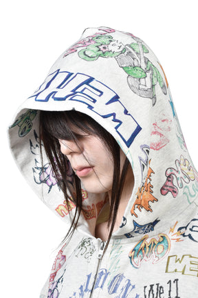 DOODLE PRINTED ZIP-UP HOODIE / M/GREY