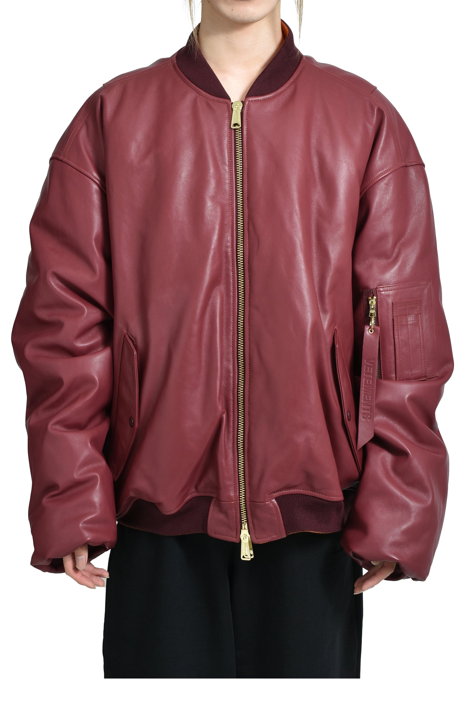 VETEMENTS FW25 OVERSIZED LEATHER BOMBER JACKET BORDEAUX NUBIAN