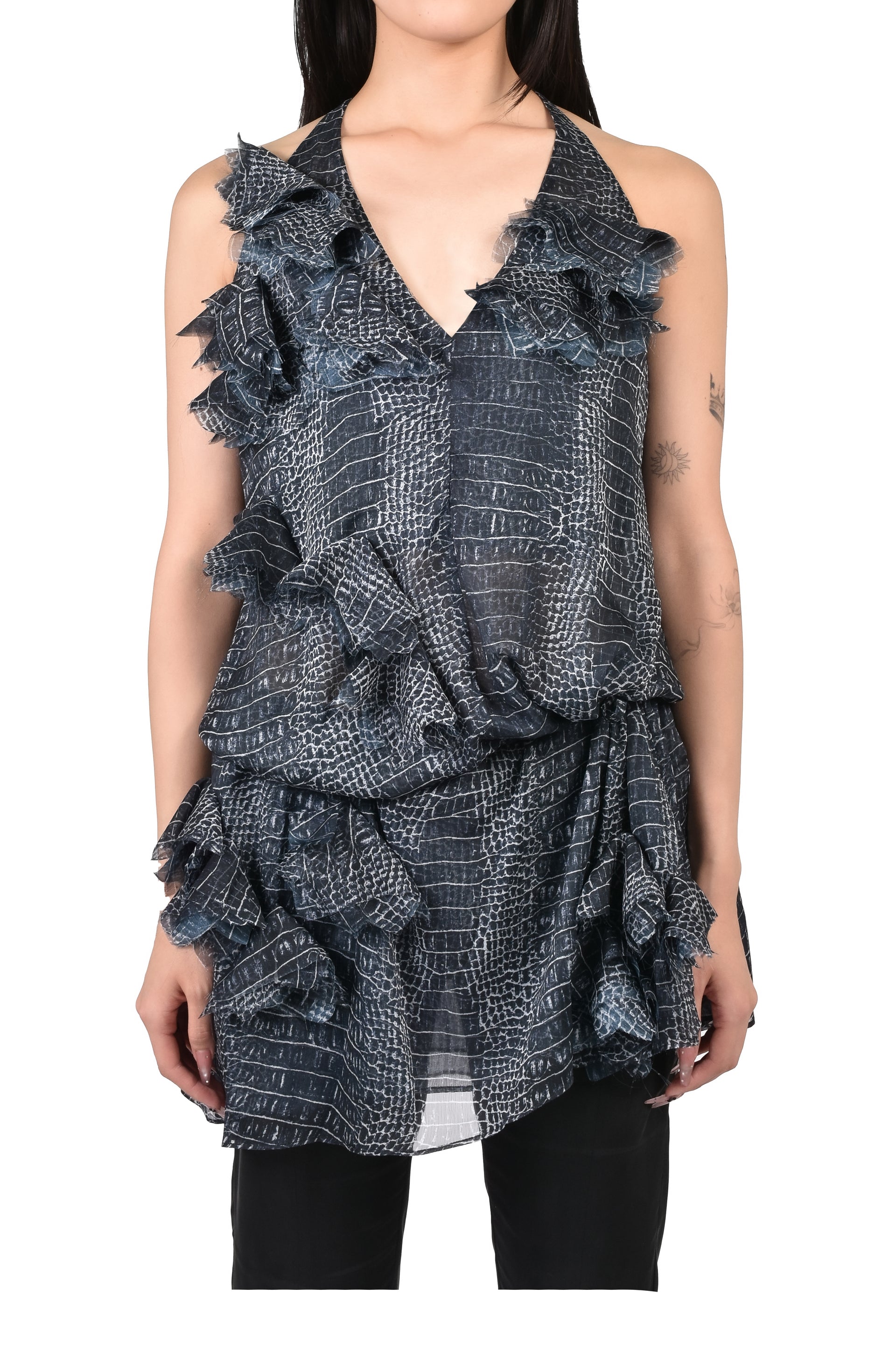 BLACK CROC-TEXTURED DRESS WITH FABRIC EMBELLISHMENTS / NAVY