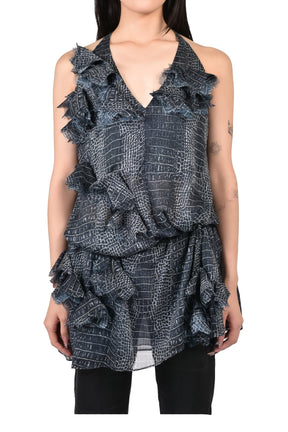 BLACK CROC-TEXTURED DRESS WITH FABRIC EMBELLISHMENTS / NAVY