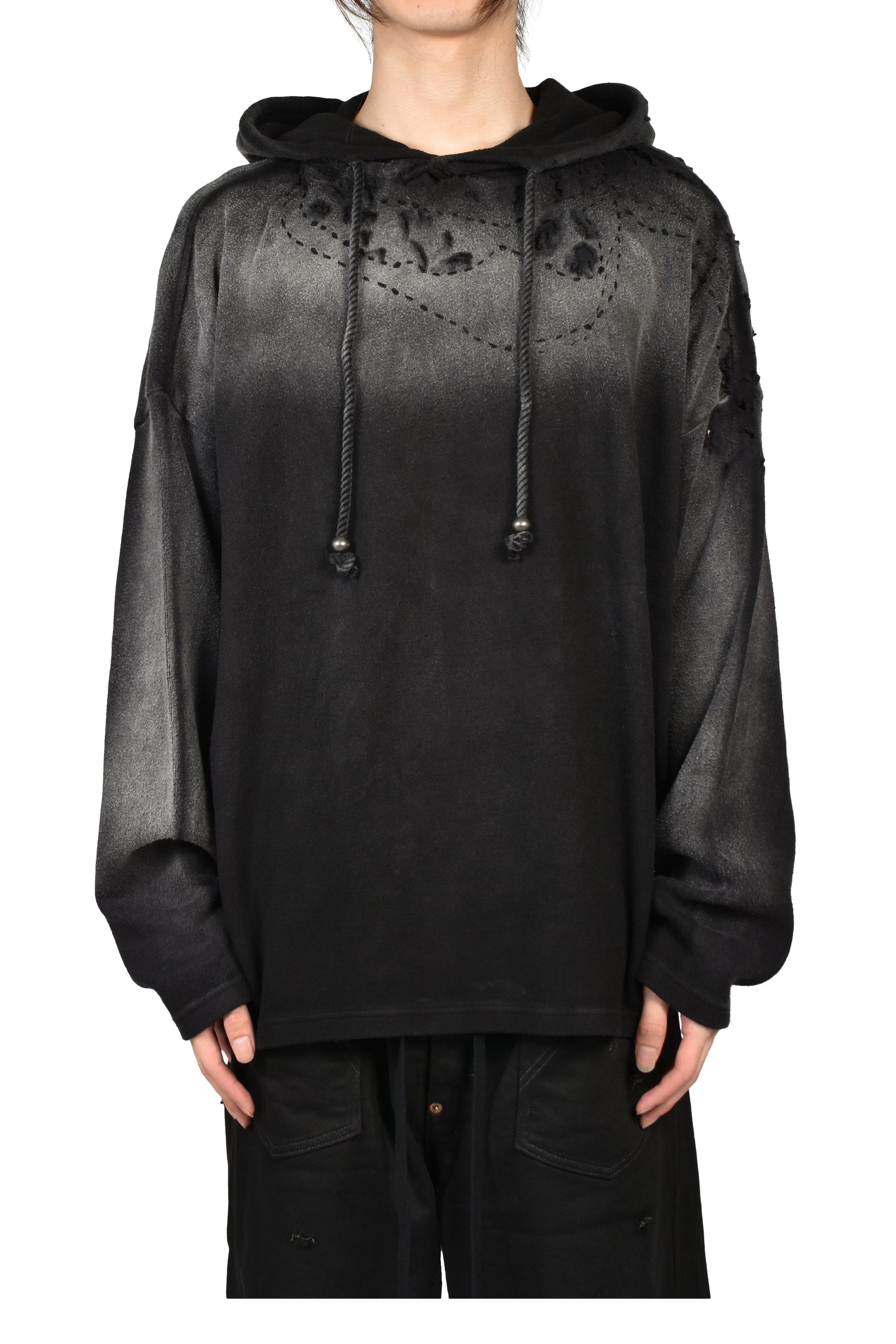 BLACK DESTROYED CROPPED HOODIE / BLK
