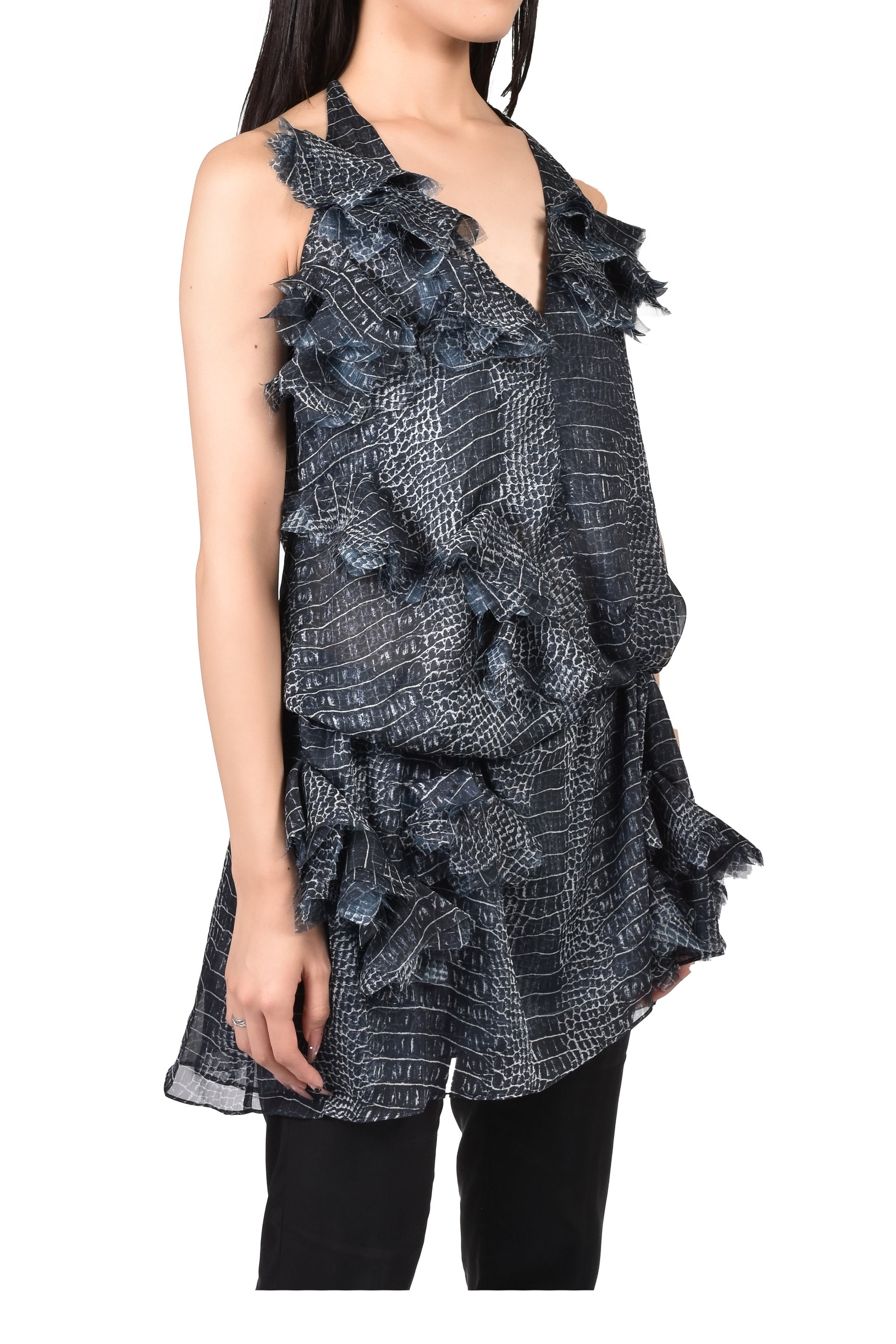 BLACK CROC-TEXTURED DRESS WITH FABRIC EMBELLISHMENTS / NAVY