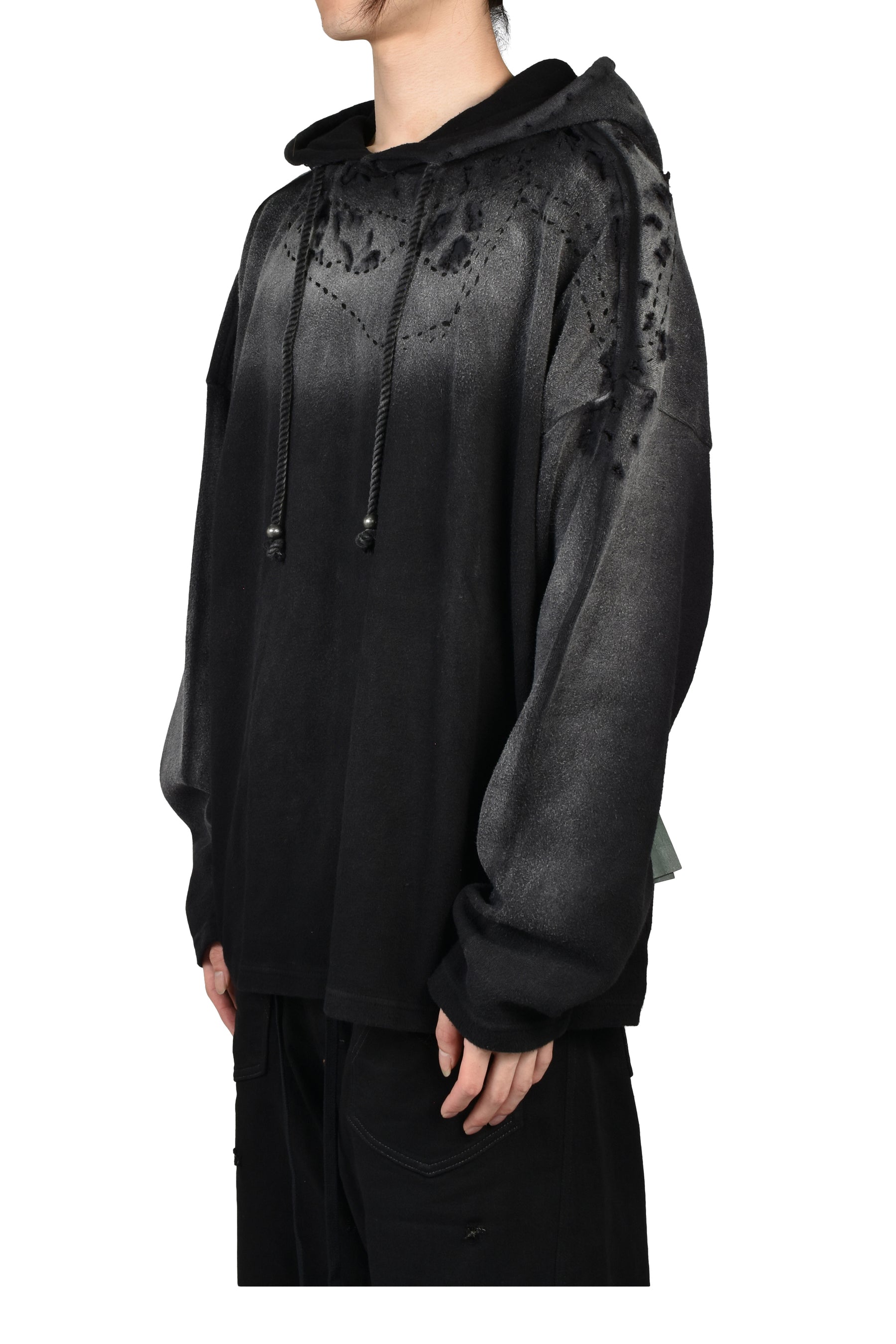 BLACK DESTROYED CROPPED HOODIE / BLK