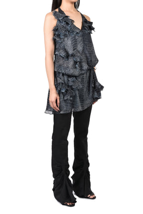 BLACK CROC-TEXTURED DRESS WITH FABRIC EMBELLISHMENTS / NAVY
