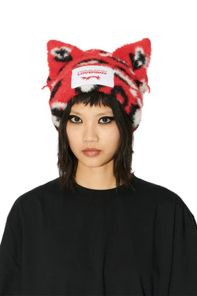 FLUFFY CHUNKY EARS BEANIE / RED LEOPARD