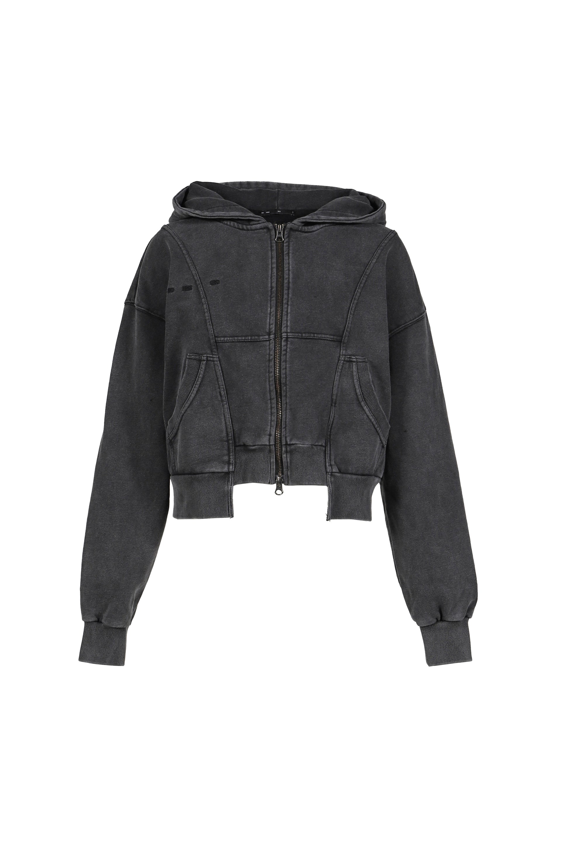 WASHED UNEVEN HEM HOOD ZIP-UP, CROP / WASHED CHA