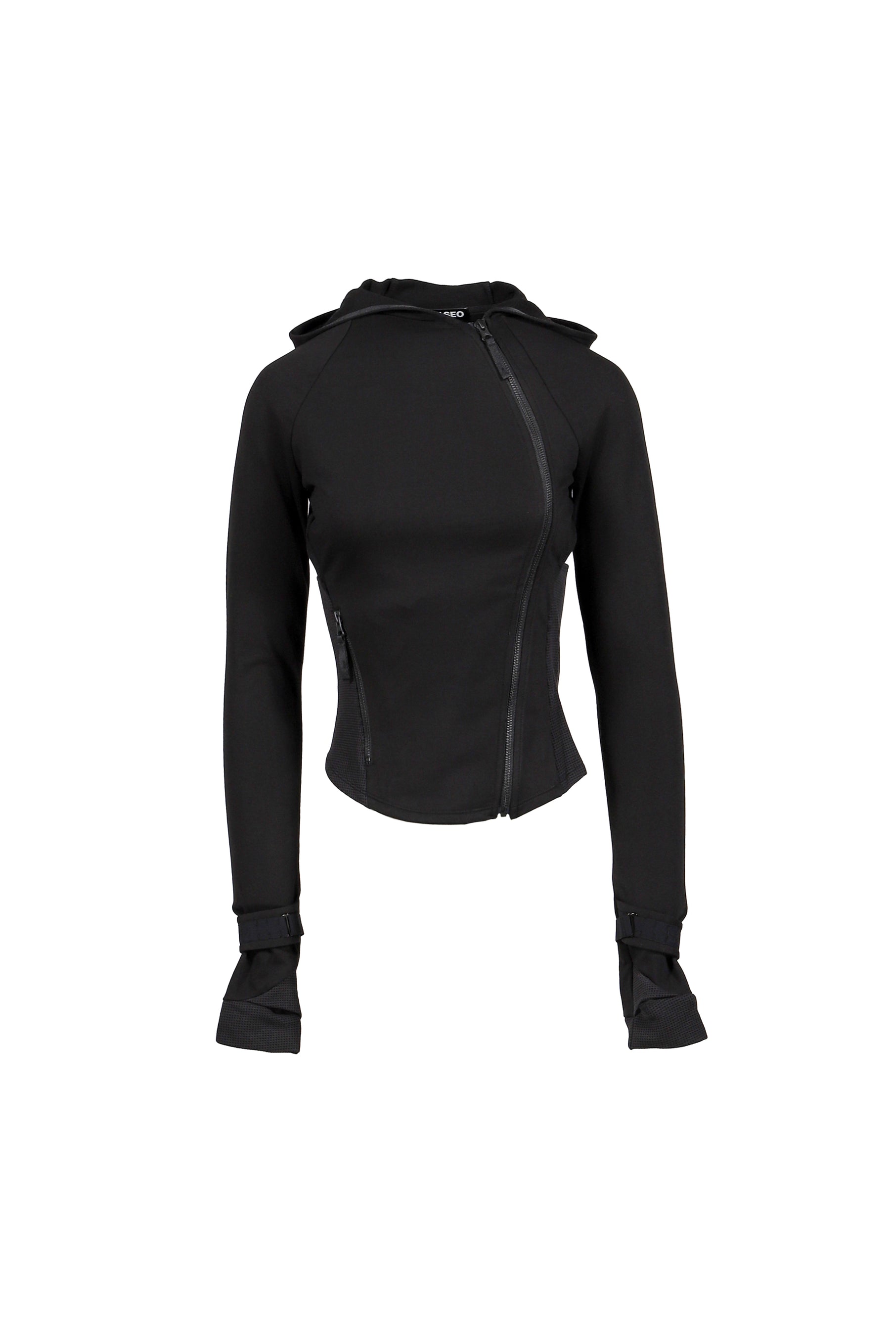 HOODED ASYMMETRIC ZIP TOP / BLK 