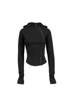 HOODED ASYMMETRIC ZIP TOP / BLK 