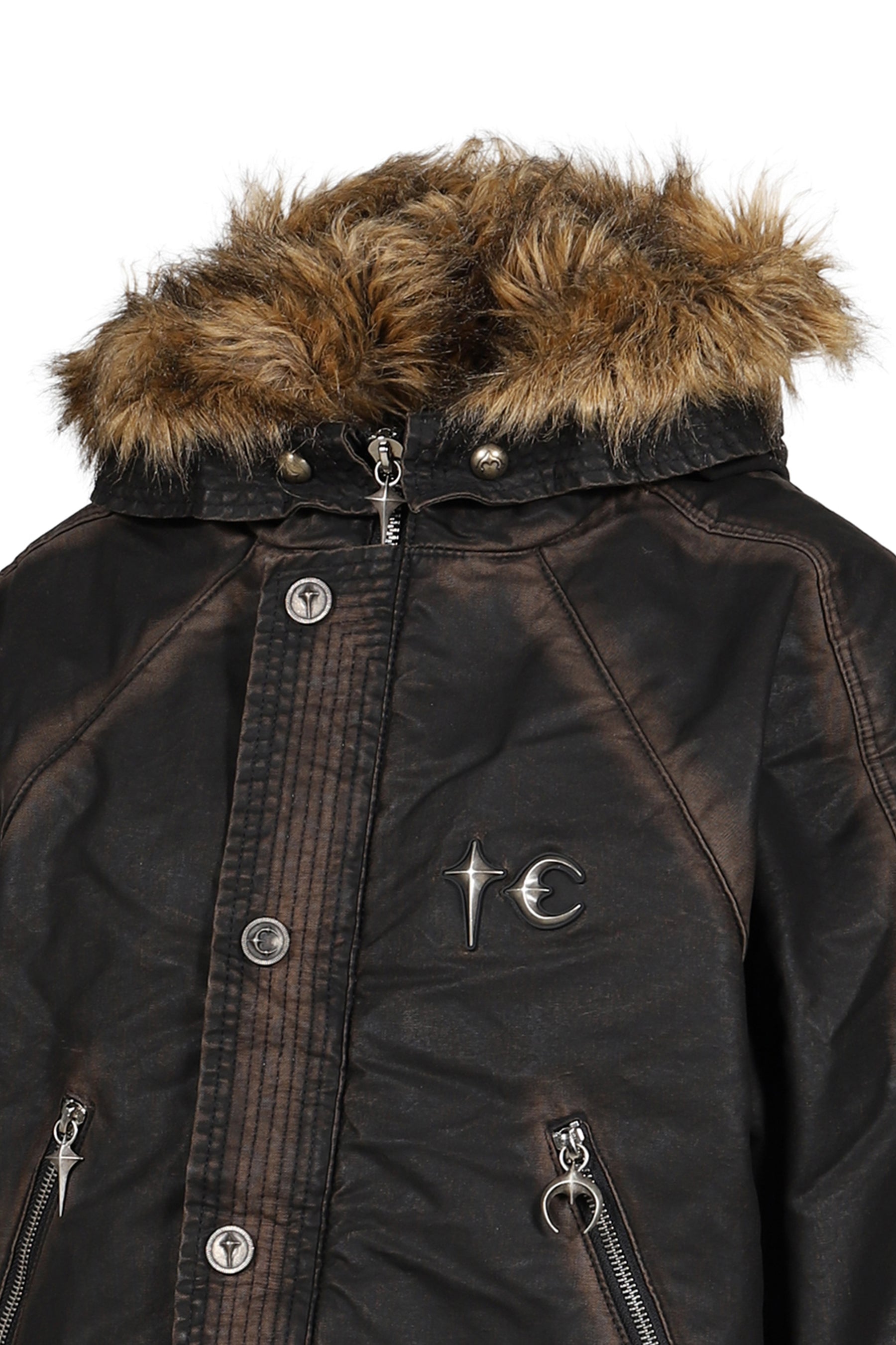 THREE RIDING SKULL FUR HOODED JACKET / BLK