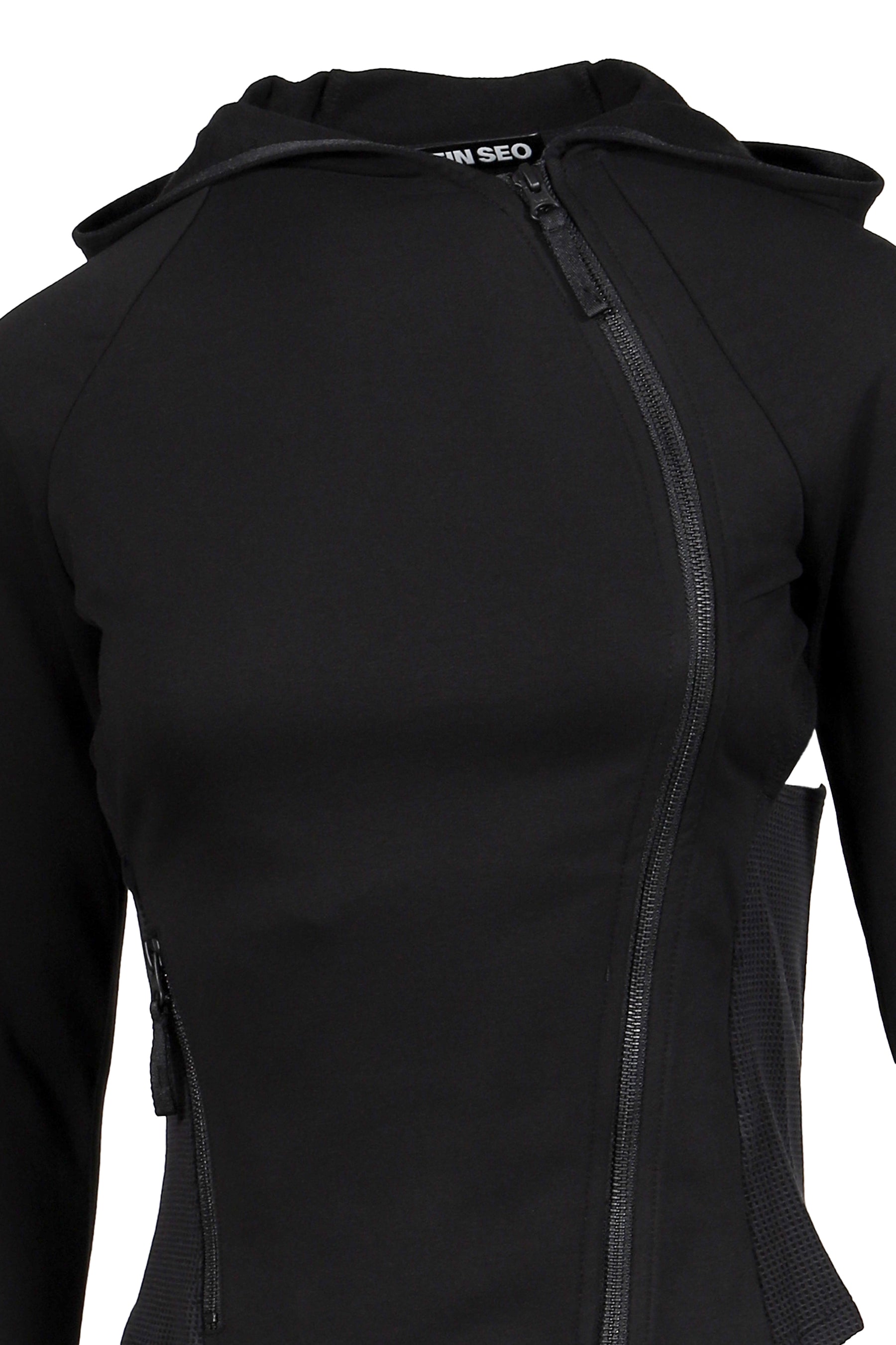 HOODED ASYMMETRIC ZIP TOP / BLK 