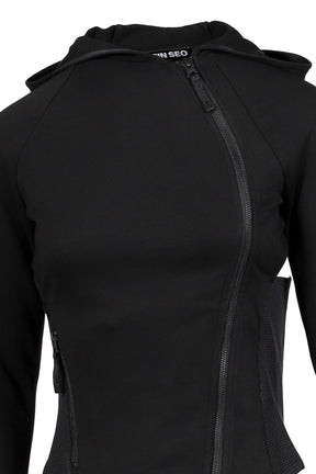 HOODED ASYMMETRIC ZIP TOP / BLK 
