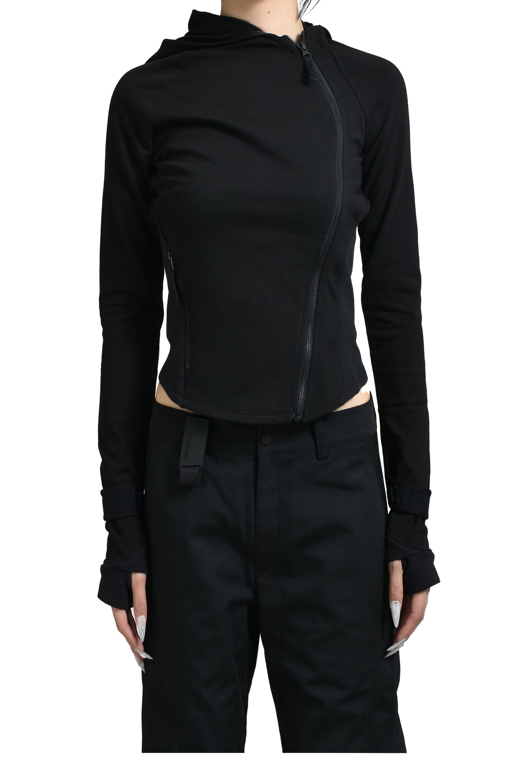 HOODED ASYMMETRIC ZIP TOP / BLK 